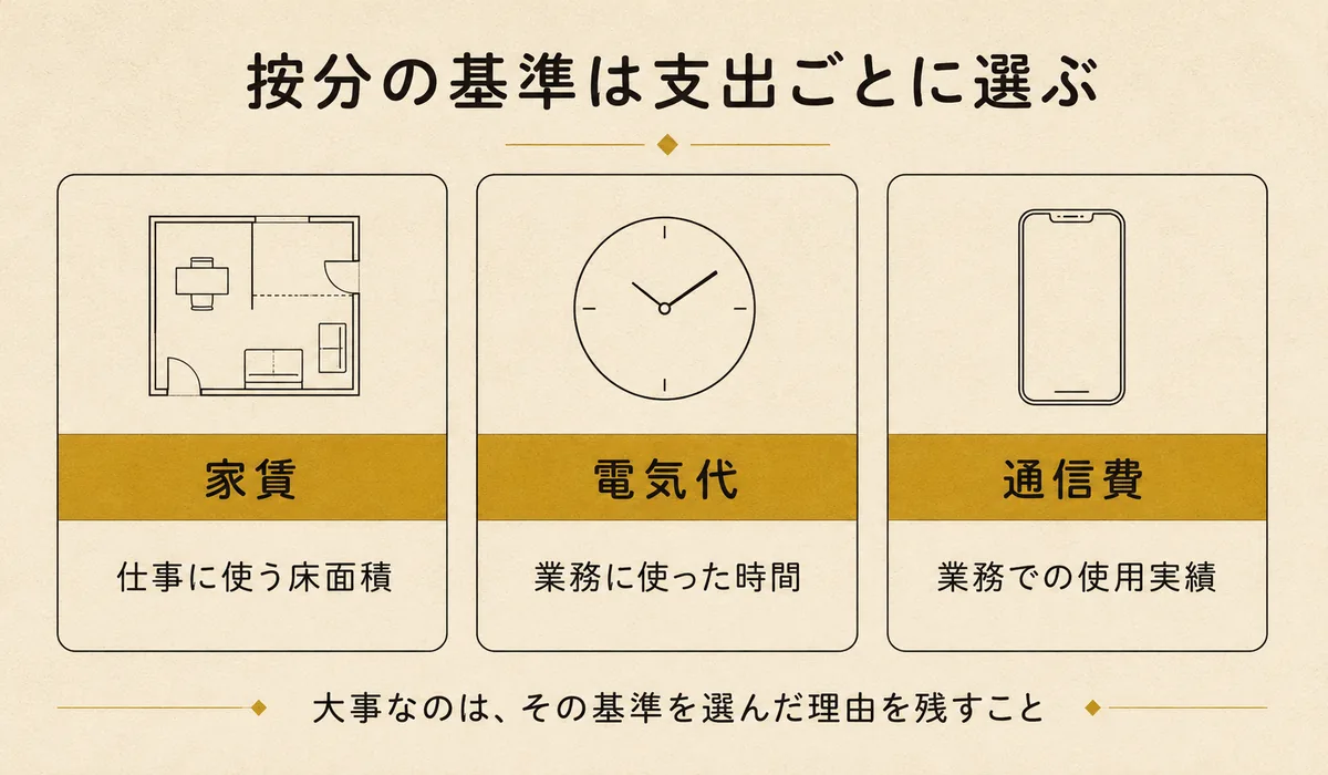 YouTube・TikTokの家事関連費を按分する基準の例。家賃は仕事に使う床面積、電気代は業務に使った時間、通信費は業務での使用実績で按分することを示した3列の図